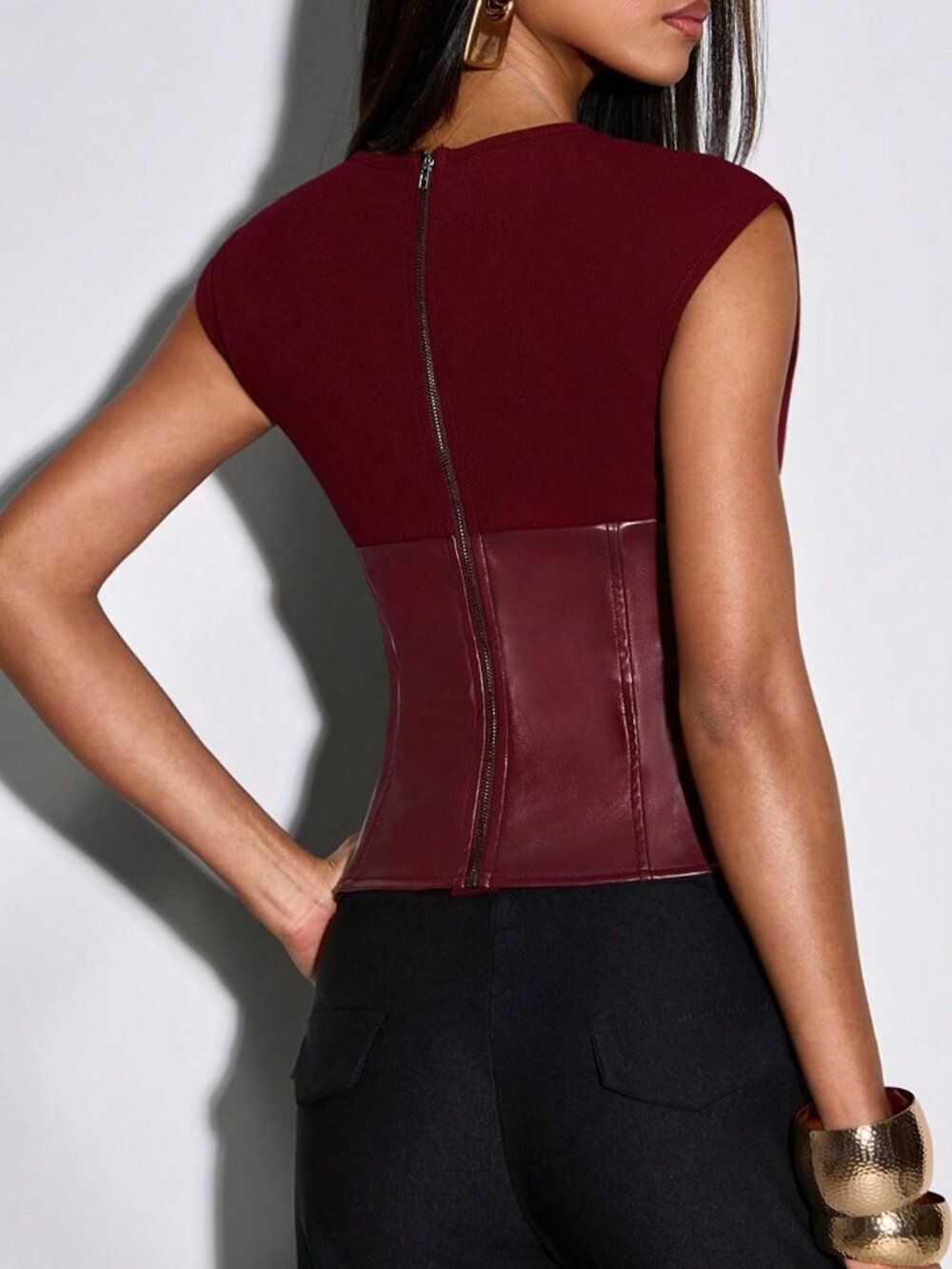 Burgundy Casual Women's Faux Leather Sleeveless Corset Top with Waist Belt - Picture 2 of 7